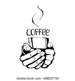 taza de café - ilustración negra dibujada a mano. Taza de café en las manos con vapor. Elemento de diseño de tipografía aislado de Vector