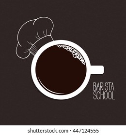 Cup of coffee with hand drawn chef hat over blackboard background. Barista or drinks menu concept