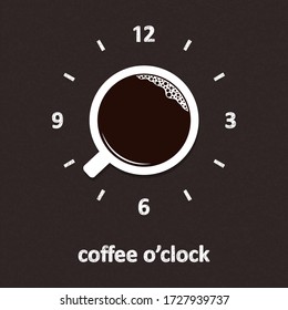 Cup of coffee with hand drawn clock face over blackboard background. Coffee o clock, break time, good morning concept