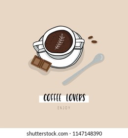 Cup of coffee hand drawn illustration. Cafe logo design