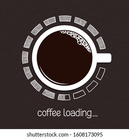 Cup of coffee with hand drawn loading symbol around it over blackboard background