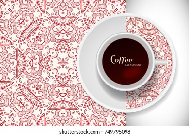 Cup of coffee with hand drawn ornament on a saucer and seamless doodle lace pattern. Business coffee break concept, interior design background. Isolated coffee cup and plate decor elements