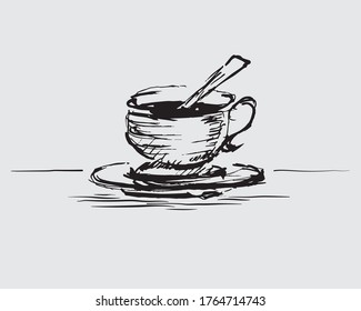 Cup of coffee hand drawn sketch illustration. Coffee cup sketch vectorgraphic illustration isolated on white background. Cup of coffee scribble style vector illustration. Cafe mug vector sketch.