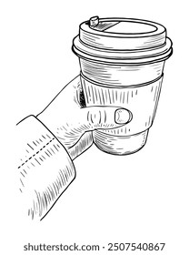 Cup of coffee in hand, hand drawn sketch. Mug thermos for hot drinks. Coffee shop. Coffee house. Vector outline line art illustration.