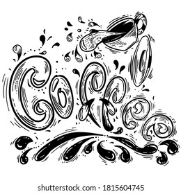 Cup with coffee hand drawn vector sketch illustration . Ink graphic line art and lettering. Outline sketch for markets, shops. Clip art Poster for print. Coloring page. Isolated on white background