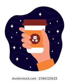 Copa de café. Mano sostiene la taza con bebida caliente contra el fondo del cielo estrellado. Alegría y energía. Deliciosas bebidas, cafeterías o restaurantes y actividades al aire libre. Dibujo vectorial plano de dibujos animados