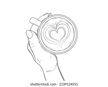 Cup of coffee and hand. Latte art - heart on foam. Vector illustration in sketch style