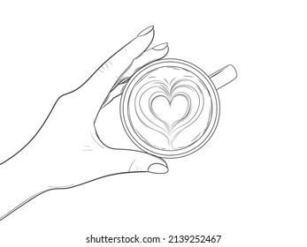 Copa de café y mano. Arte de latte - corazón en espuma. Ilustración vectorial en el estilo de esbozo