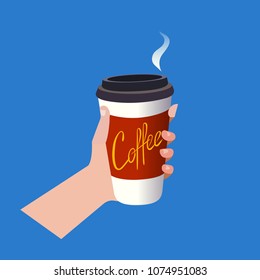 Cup of coffee, hand, text. Vector illustration. Isolated object on blue background. 
