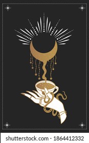 cup of coffee in hand, witchcraft, young moon, tarot cards, mystical symbol, okult