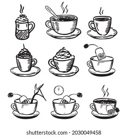 Cup coffee hand  drawn style  Steps how to brew tea  Vector illustration isolated white background 	
