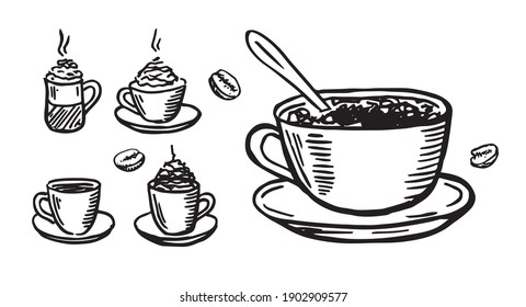 Pokale Kaffee handgezeichnet Stil. Vektorgrafik.
