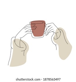 Cup of coffee in hands drawn by black line on a white background. Line art drawing. Vector illustration