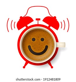 Cup of coffee with happy smiling face on frothy surface, with silhouette of alarm clock on background. Time to have a coffee break, relax and cheer up, coffee time concept