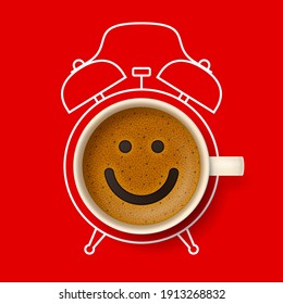 Cup of coffee with happy smiling face on frothy surface, with silhouette of alarm clock on background. Time to have a coffee break, relax and cheer up, coffee time concept