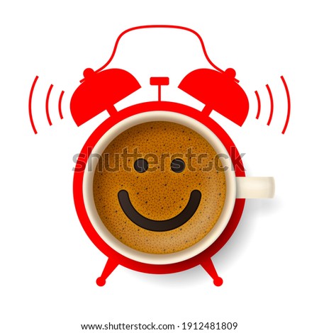 Cup of coffee with happy smiling face on frothy surface, with silhouette of alarm clock on background. Time to have a coffee break, relax and cheer up, coffee time concept