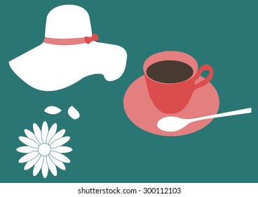 Cup of coffee, hat and flower composition