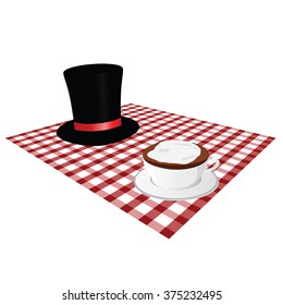 cup of coffee with hat illustration on tablecloth in colorful