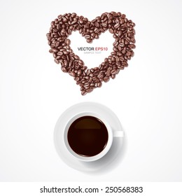 Cup of coffee and heart of coffee beans on white background. Vector illustration.