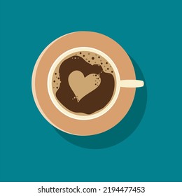 Cup of coffee with heart. Cappuccino flat style top view . Latte vector isolated. vector illustration eps10