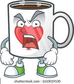 cup of coffee with heart cartoon character design having angry face