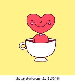 Cup of coffee with heart character inside, illustration for t-shirt, street wear, sticker, or apparel merchandise. With doodle, retro, and cartoon style.