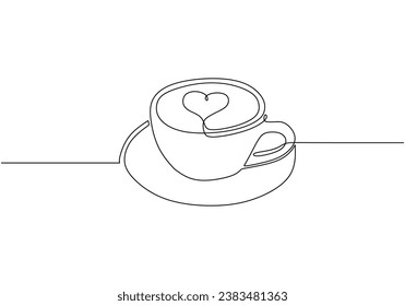 Cup of coffee with heart. Continuous one line drawing. Cappuccino latte art. Vector illustration isolated. Minimalist design handdrawn.