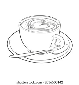 Cup of coffee with a heart. Latte art sketch. Vector illustration isolated on white background.