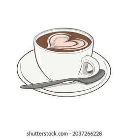 Cup of coffee with a heart. Latte art sketch. Vector illustration isolated on white background.