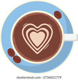 Cup of Coffee with Heart Latte Art Flat Illustration. Clean Icon Design Element on Isolated White Background