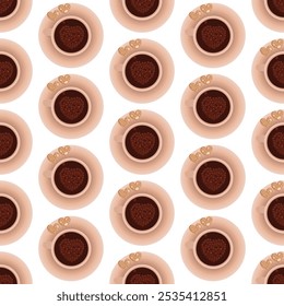 Cup of coffee with a heart made of bubbles. Seamless pattern.