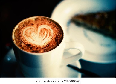 A cup of coffee with heart pattern. Vector.