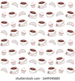 A Cup of coffee with a heart and a saucer with three coffee beans, a croissant and a cupcake. Brown and pink drawings on a white background. Vector seamless pattern for printing on packaging or fabric