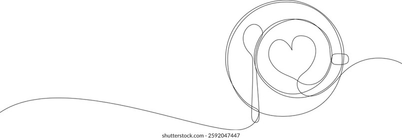 Cup of coffee with heart shape continuous one line drawing, top view. Minimalist style single line vector illustration. Editable stroke.