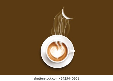 A cup of coffee with a heart shape cream. coffee with Eid celebration concept. Eid Mubarak concept with coffee cup vector illustration. 