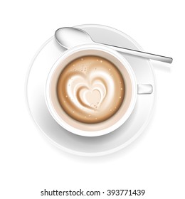 Cup of coffee with heart shape in the foam - isolated on white background. Vector illustration.