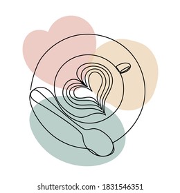Cup of coffee with a heart shape in a hand drawn linear style with colorful abstract stains. Isolated on white.