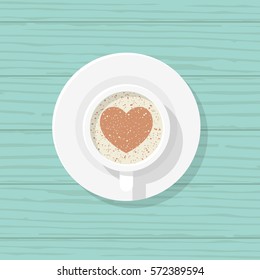 Cup of coffee with heart shape in a white cup isolated on wooden background. Heart from chocolate and foam. Vector illustration flat design. Romantic drink.