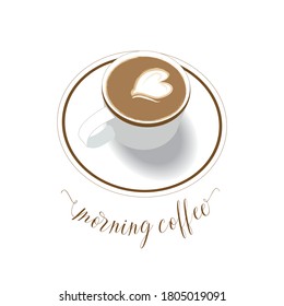 A Cup of coffee with a heart - shaped foam. Top view, illustration, coffee logo on a white background.