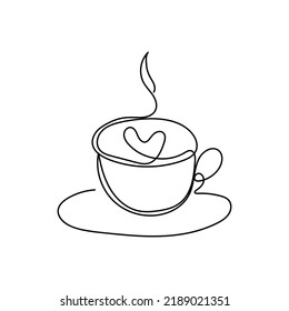 Cup of coffee with heart simple one line art design. Coffee continuous line design vector illustration. Coffee sign for logo, tattoo, print, poster, menu, cafe, restaurant etc. Simple trendy design