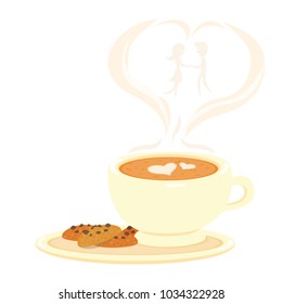Cup of coffee with heart symbol, Coffee steam forming the shape of a heart, Coffee Love, Valentine's day concept with steam heart and cup of coffee, Soft color, Vintage, Warm tone, Admirer, Wedding