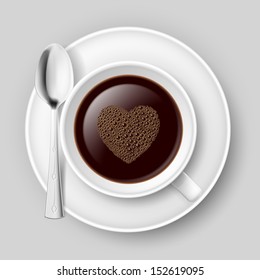 Cup of coffee with heart top. Illustration on grey background.