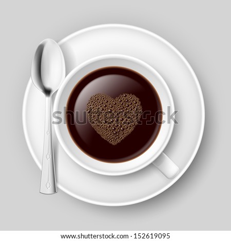 Cup of coffee with heart top. Illustration on grey background.