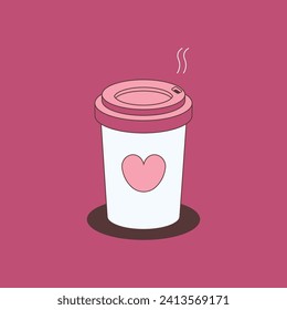 Cup of coffee with heart. Valentine's Day and hot drinks. Romantic card. Flat vector illustration.