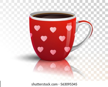 Cup of coffee with hearts pattern on transparent background. Vector object with drink for Valentines Day Greetings. Romance concept.