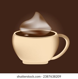 Cup of coffee, hot aromatic steam on a brown background. Vector illustration.