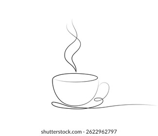 Cup of coffee. Hot beverage. Aroma of coffee. Continuous line drawing.