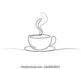 Cup of coffee. Hot beverage. Aroma of coffee. Continuous line drawing.