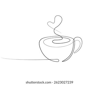 Cup of coffee. Hot beverage. Aroma of coffee. Continuous line drawing.