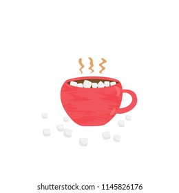 Cup of coffee, hot chocolate with marshmallow - Autumn and Winter beverages. Mug with cozy warm drink isolated on white background. Vector Illustration for banners, greeting cards, posters